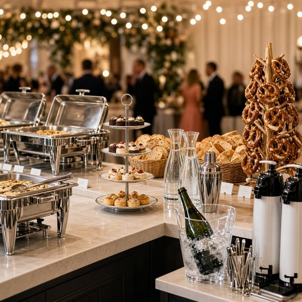Bar- und Buffetzubehör mit Chafing-Dishes, Etagere, Brezelständer, Glaskaraffen, Brotkörben und Pumpkannen